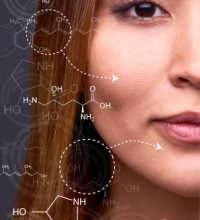 Part of young Asian womens face looking at camera, arrows with chemical formulas pointing at her face